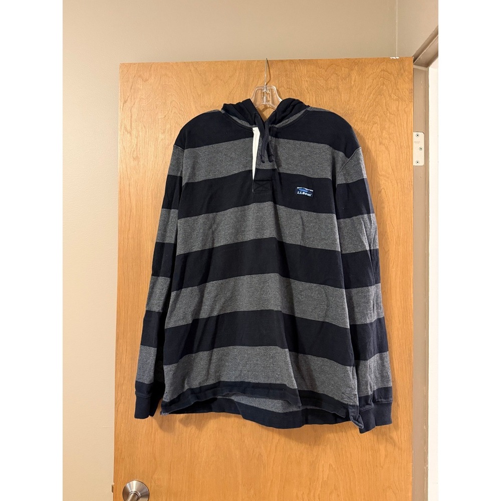 LL Bean Rugby Hoodie Mens L Navy Gray Striped Cotton Pullover Traditional Fit